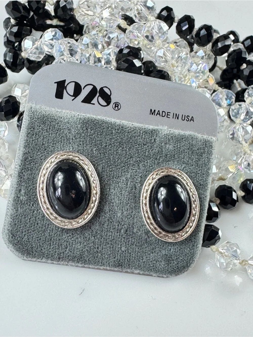 1928 Black Oval Cabochon Silver-Tone Post Earrings